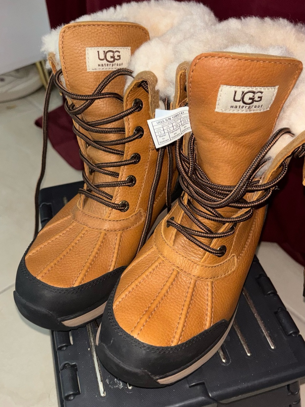 UGG Women's Waterproof Tan/Lace-Up Winter Boots with Shearling Collar